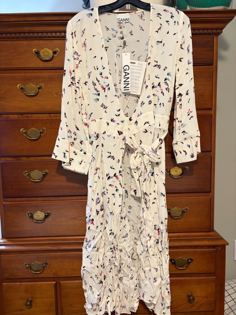 Ganni White Midi Dress with Multicolor Ditsy Print and Tie Waist